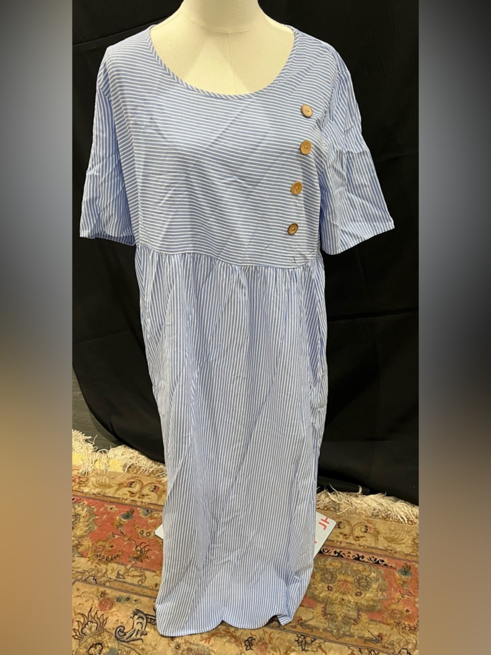 Striped Blue & White Button-Accent Women’s Dress